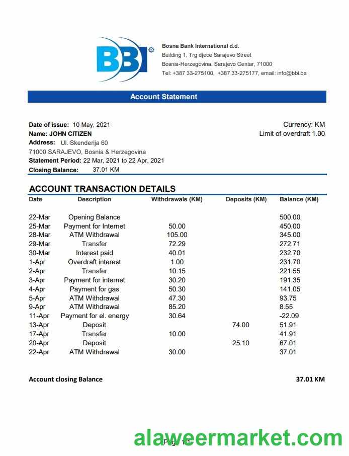 Bosnia and Herzegovina Bosna Bank International bank statement easy to fill template in Excel and PDF format (AutoSum)